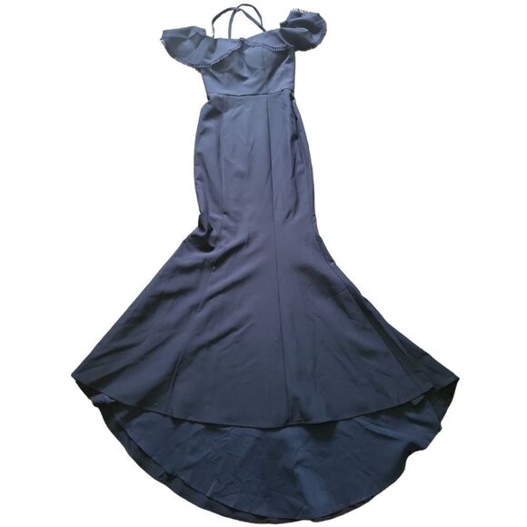 JARLO London Navy Cold Shoulder Mermaid‎ Maxi Dress Lace Accent Size 8, NWT - Picture 6 of 10